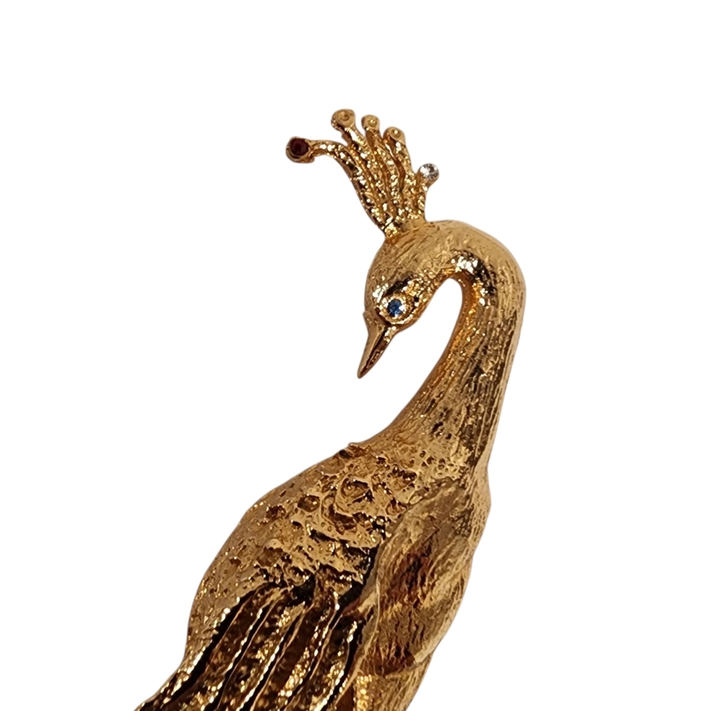 Vintage Oleg Cassini 1964 brooch peacock rhinestones and faux pearl gold  A0033 - Picture 10 of 16